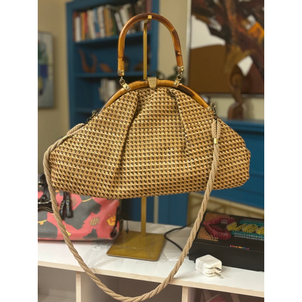 Vintage Delli Beige Brown Woven Bamboo Handle One Size Shoulder Bag